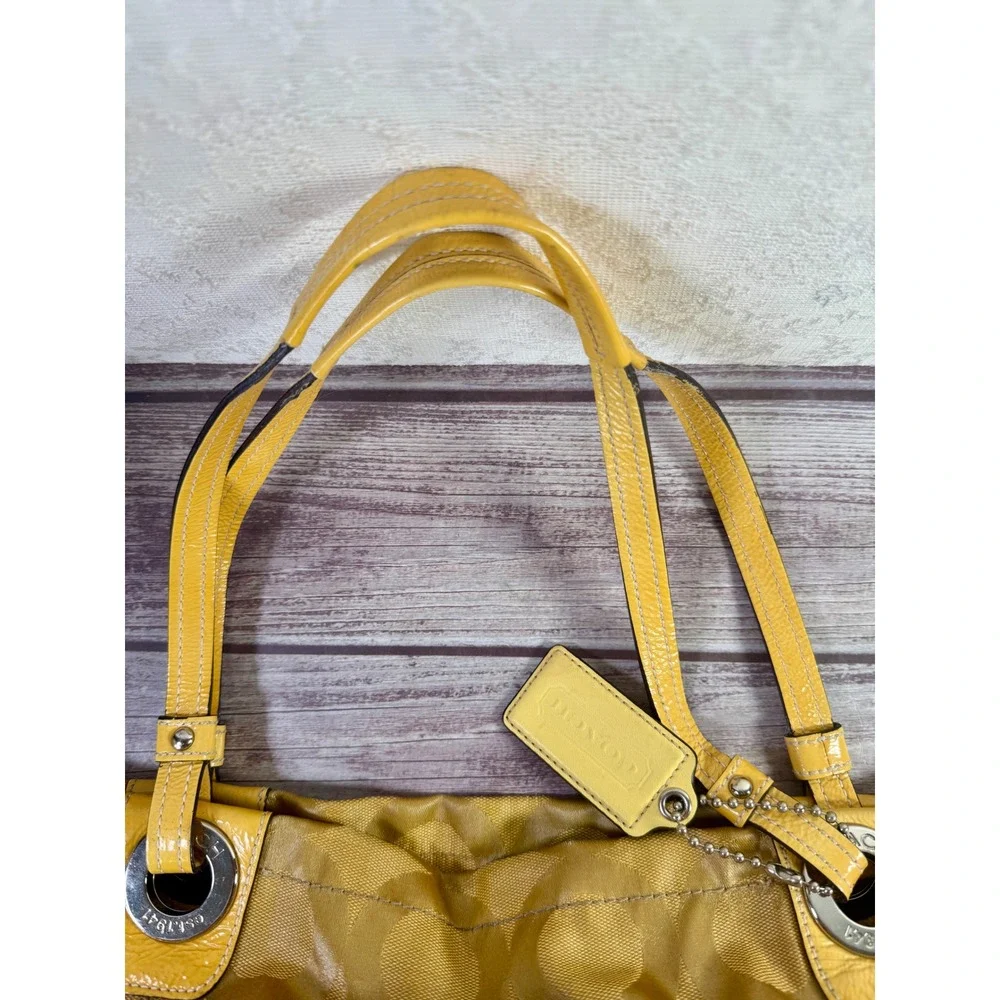 Coach Op Art Maggie Shoulder Bag Mustard‎ Yellow Jacquard Patent Leather 14264